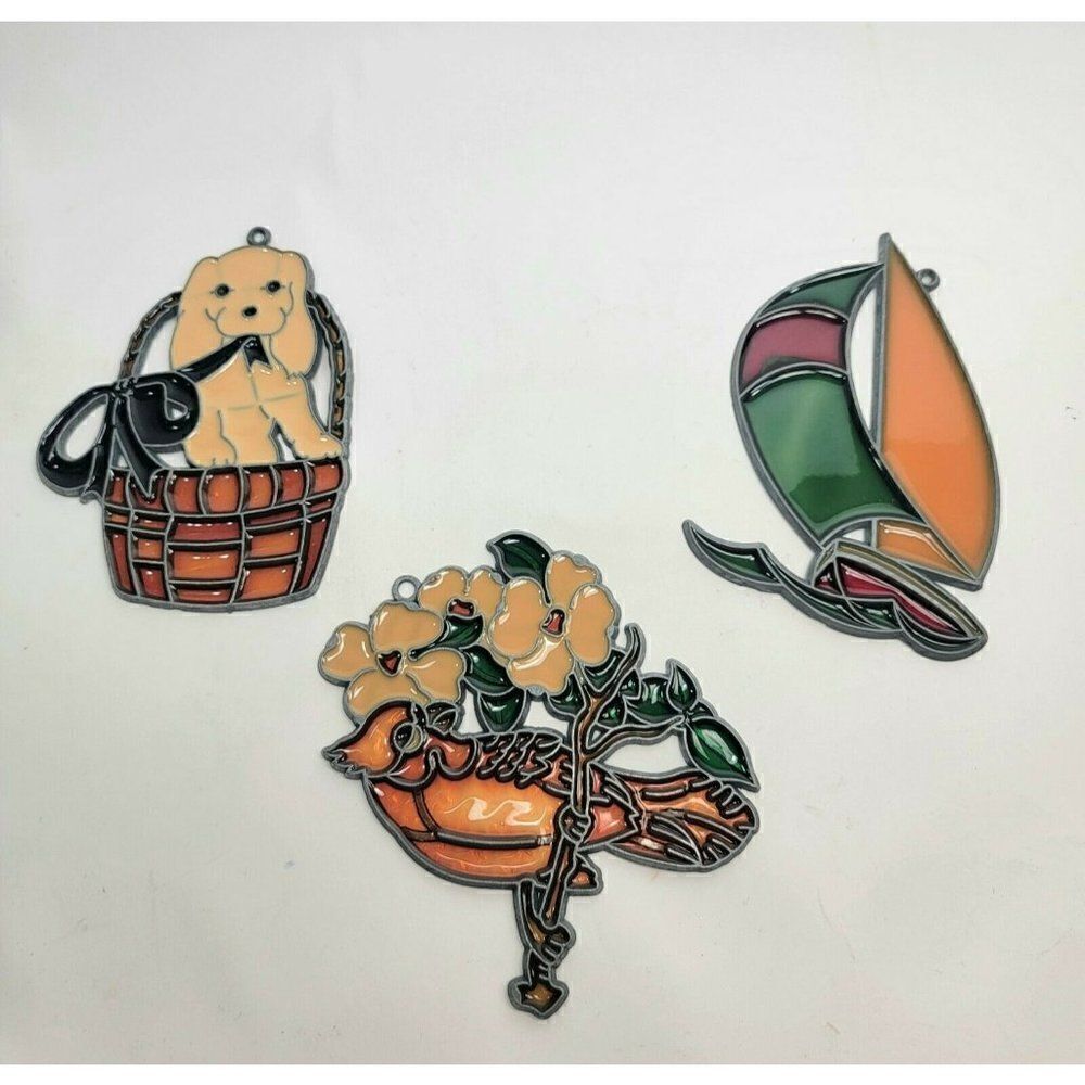3 Vintage Stained Glass Suncatcher Window Ornaments - Puppy Sailboat Flowers 5"